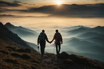 Silhouette of Helping each other hike up a mountain - obrazy, fototapety, plakaty