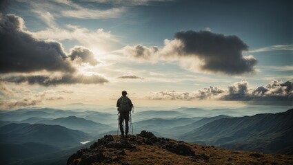 : Silhouette of On the top of the world hiker stands on a hill over the beautiful cloudscape