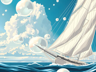 Dynamic Sailing Yacht Adventure on High Seas – Stylized Vibrant Illustration of Boat Cruising on Blue Waves, Wind in Sails | Concept of Freedom, Travel & Exploration