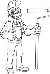 A chicken or rooster painter decorator handyman cartoon construction man mascot character holding a paint roller tool