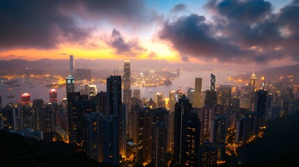 Fototapeta premium Hong Kong City Skyline at Dusk with a Stunning Sunset, featuring Skyscrapers and Urban Architecture in Kong Hong, blending Night Lights and Cloudy Sky, offering a breathtaking panoramic view