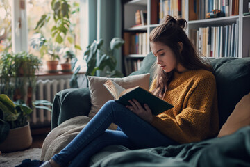 Obraz premium Young woman reads a book on the sofa in the living room.