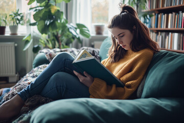 Obraz premium Young woman reads a book on the sofa in the living room.