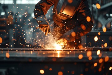 Welder steel works amid factory worker in construction site industry
