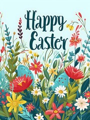 'Happy Easter' Calligraphy on a illustrated Spring Landscape Background with Flowers and Easter Eggs. Colorful Easter Card Template  