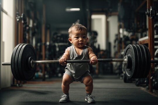 Strong baby boy lifting a heavy barbell
