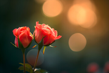 pink, red roses in the garden, background, copy space, flowers. Abstract wallpaper. Spring, Valentine's day. Two. Soft colors