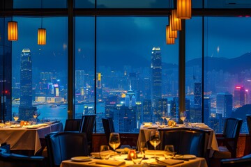 Hong kong skyline night time urban eatery amid the dinner on hotel