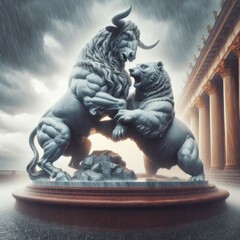 The symbolic icons of the bear and the bull that create the metaphor for the rise and fall of the stock market, forming a beautiful and powerful monument in a statue.