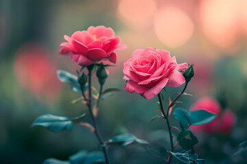 pink roses in the garden, background, copy space, flowers. Abstract wallpaper. Spring, Valentine's day. Two. Soft colors