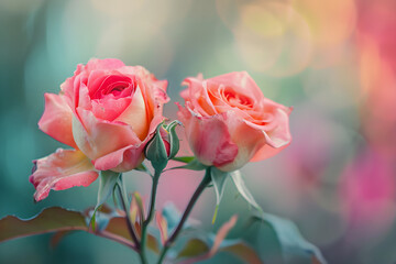 pink roses in the garden, background, copy space, flowers. Abstract wallpaper. Spring, Valentine's day. Two. Soft colors