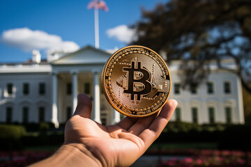 bitcoin coin in hand with white house in background  - obrazy, fototapety, plakaty