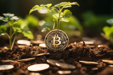 bitcoin coin and a young a tree seedling on it - obrazy, fototapety, plakaty