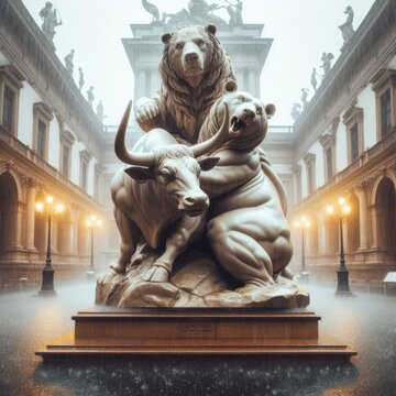 The symbolic icons of the bear and the bull that create the metaphor for the rise and fall of the stock market, forming a beautiful and powerful monument in a statue.