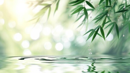 Green bamboo leaves over water with empty space background. AI generated image - obrazy, fototapety, plakaty