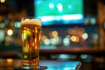 A pint of beer on a bar counter with TV showing a soccer match in blurred background