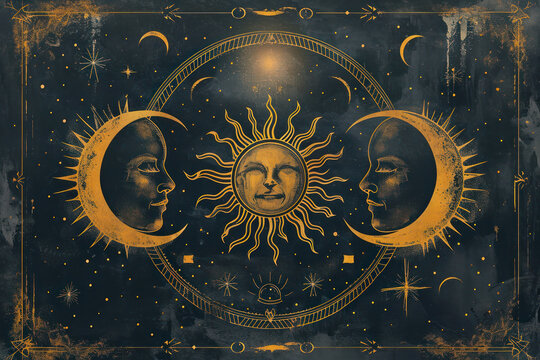 Vintage Esoteric Moon and Sun Astrology Alchemy Illustration: Stars of the Occult.