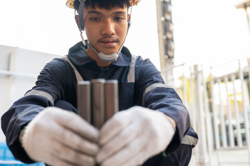 Asian worker wearing a safety suit inspects steel cut with steel cutter (circular saw).