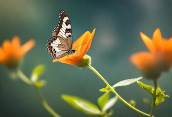 Flying butterfly on an orange flower