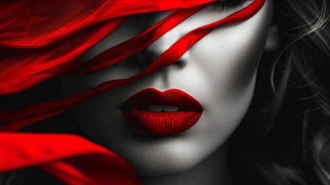 High fashion look.glamour portrait of beautiful young female woman with red lips on black background with hat. Beautiful woman glossy red lips, close-up, radiating timeless elegance and sophistication - Powered by Adobe