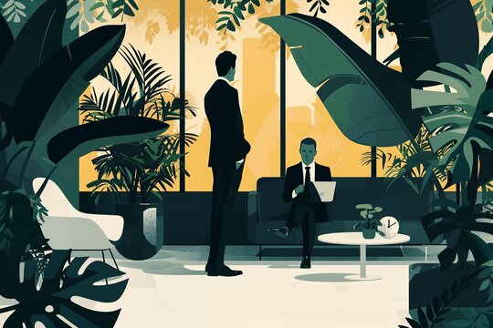 Businessmen Engaging in Work at a Modern Office Oasis - Illustration for Corporate and Environmental Design