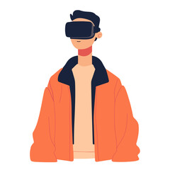 Simple vector illustration of a man wearing a VR headset, having fun, smiling, Vision Bro