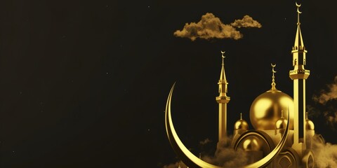 Fototapeta na wymiar view of a mosque, Ramadan, gold and luxury, islamic, in black background