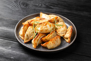 Crispy fried dumplings Gyoza with vegetables. Asian food.