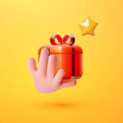 Shopping and special offer design with human hand taking gift. Bonus and win concept.