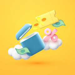 Voucher, card and money fluing out of gift box. Cash back template. Special offer design. Super sale illustration.