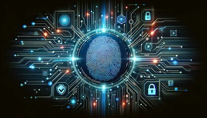 Obraz premium futuristic fingerprint scanning system with glowing blue light emission trail