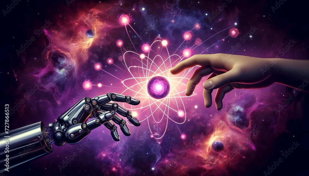 Poster a robotic hand on the left and a human hand on the right, both reaching towards each other