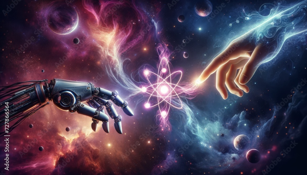 Poster a robotic hand on the left and a human hand on the right, both reaching towards each other