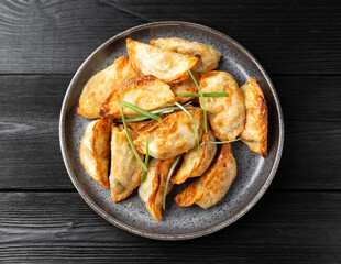 Crispy fried dumplings Gyoza with vegetables. Asian food.