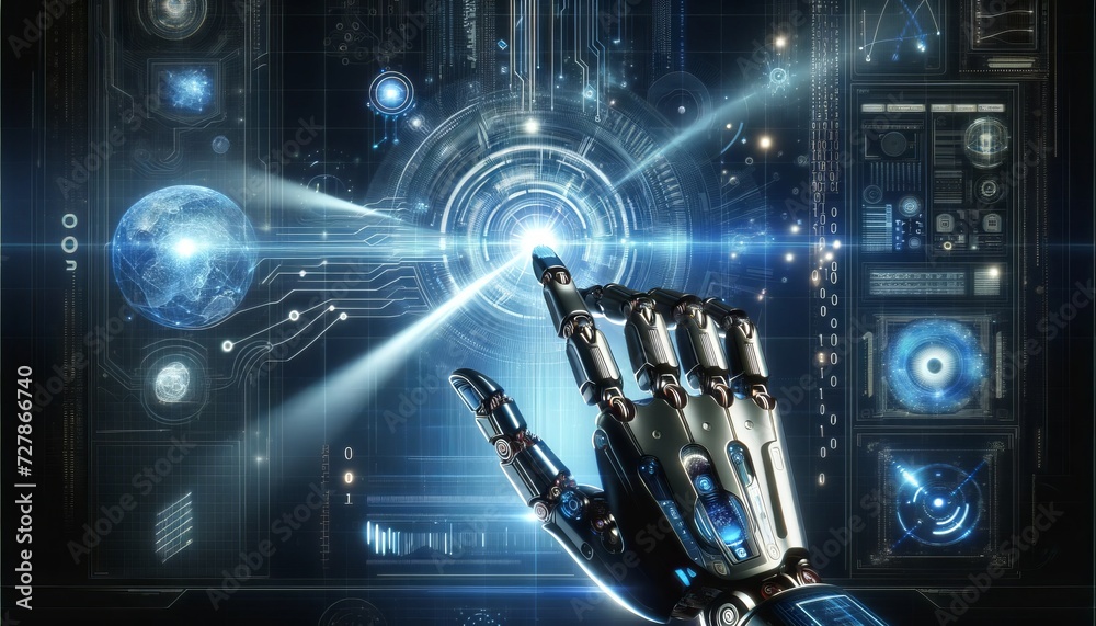 Poster robot hand interacting with advanced technology futuristic blue circle