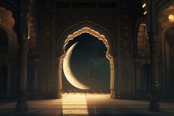 Ramadan's celebration background with Mosque and crescent moon at night