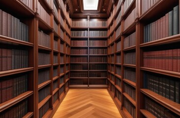 A long corridor with books. An old library with paper books on the shelves.