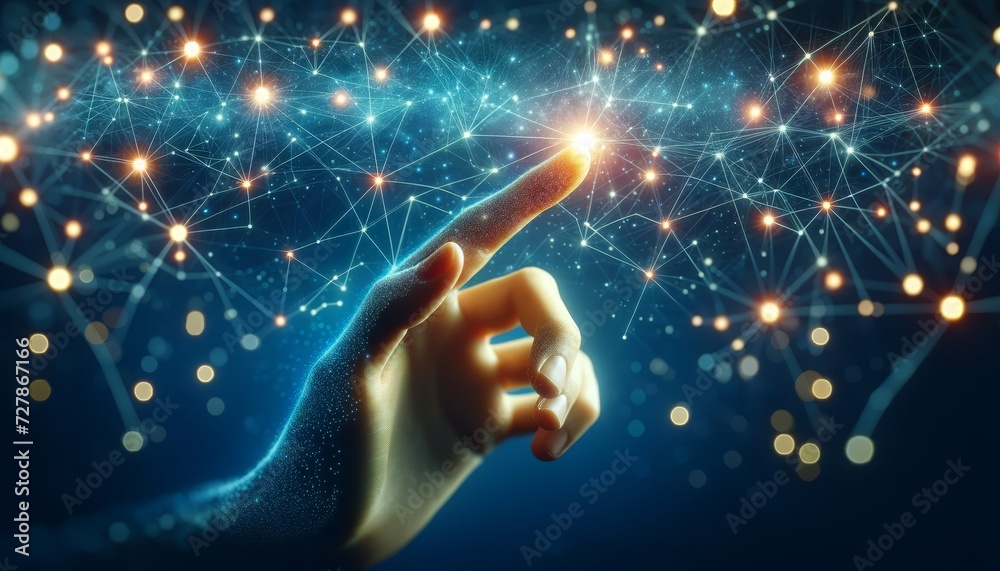 Poster a human hand reaching out towards a complex network of glowing points and interconnected lines, symbolizing a digital network