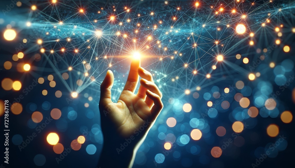Poster a human hand reaching out towards a complex network of glowing points and interconnected lines, symb