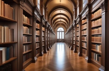 A long corridor with books. An old library with paper books on the shelves. There is a window at the end of the corridor.