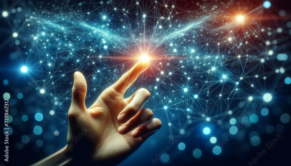 Poster a human hand reaching out towards a complex network of glowing points and interconnected lines, symb