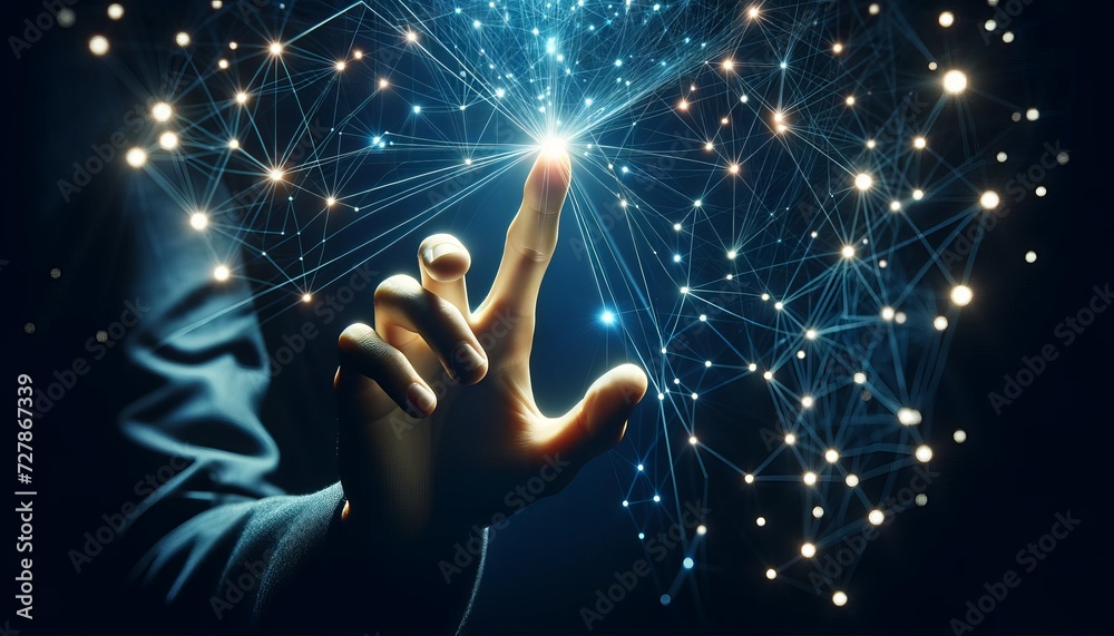 Aufkleber a human hand reaching out towards a complex network of glowing points and interconnected lines, symbolizing a digital network