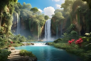 waterfall in the forest. Cascading waterfall surrounded by lush greenery in a hidden paradise