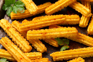 Crisp and golden Potato churros served with paprika and fresh parsley