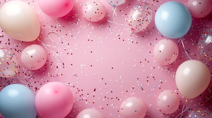 Birthday Balloons & Confetti Flat Lay on Pink

