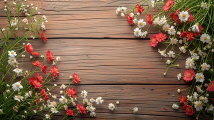 Fototapeta na wymiar Spring Flowers on Wooden Table Flat Lay