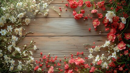 Spring Flowers on Wooden Table Flat Lay

