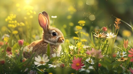 Easter bunny hopping through a lush meadow filled with spring flowers and sunshine