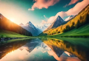 Foto op Plexiglas Serene Mountain Landscape: Breathtaking Nature Scenes Stock Photo with Snow-Capped Peaks, Green Valleys, and Crystal-Clear Rivers at Sunset, sunset in the mountains © Muhammad