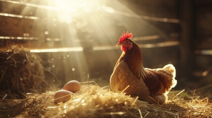 Healthy brown hen chicken near freshly laid eggs in hay in a rustic barn under warm sunlight with copy space